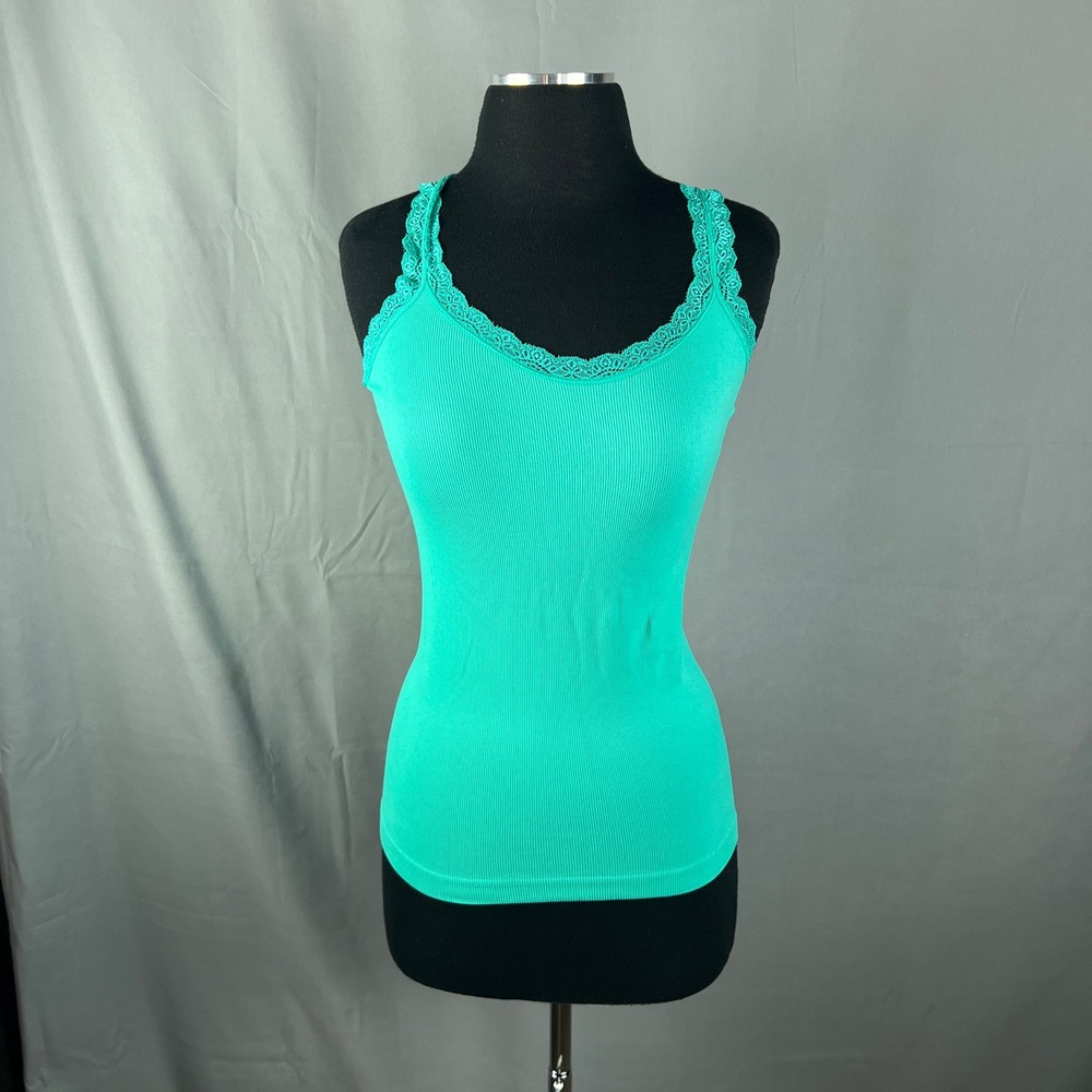 Bongo Tank Top Womens Medium Turquoise Rib Knit Nylon Stretch Delicate Lace Trim